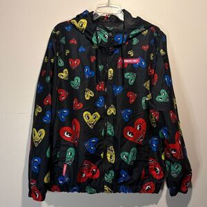 Members Only x K. Haring- Colorful Heart Faces Black Windbreaker Hood- Size L